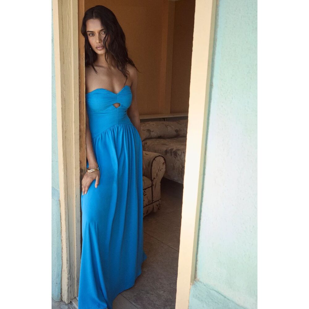 Lulus Rozala Bright Blue Pleated Strapless Maxi Dress Size XS - Picture 2 of 12